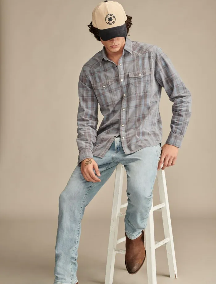 Lucky Brand ButtonDowns Men Plaid Corduroy Western Shirt Light Blue Multi