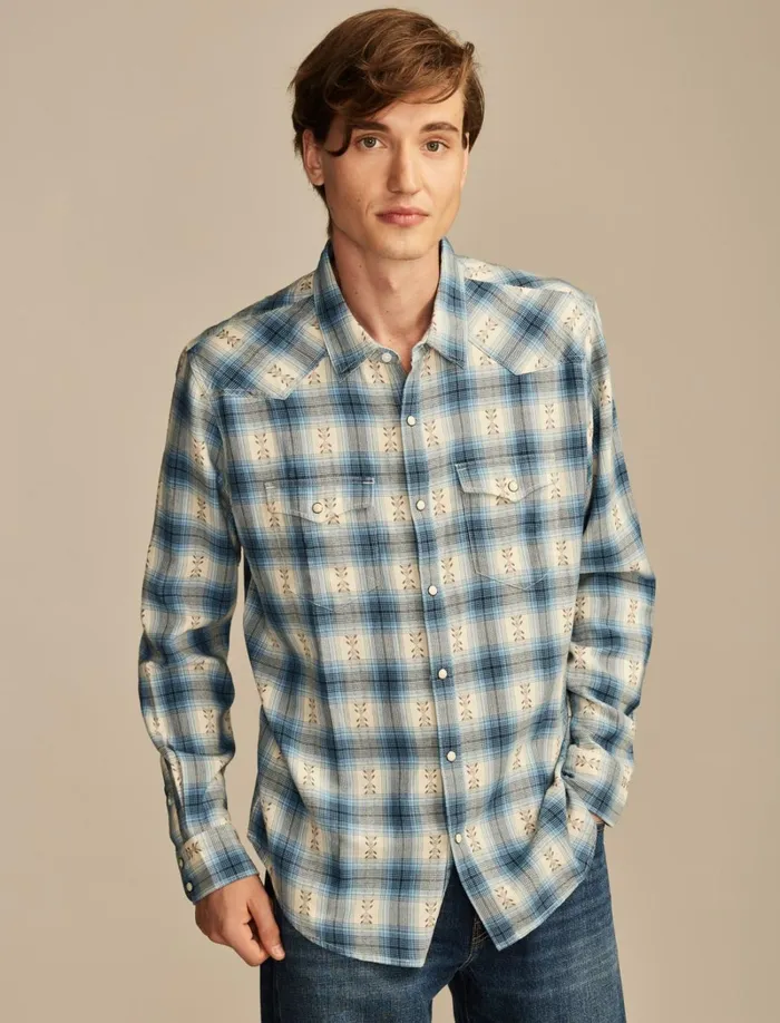 Lucky Brand ButtonDowns Men Plaid Dobby Western Long Sleeve Shirt Blue Multi