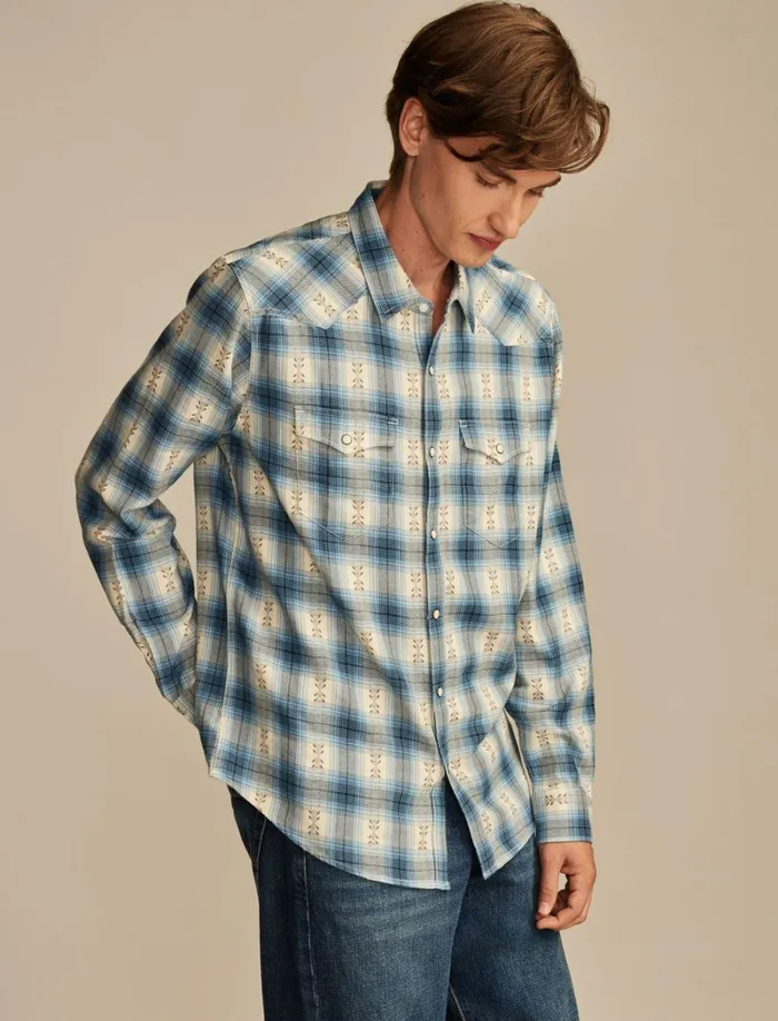 Lucky Brand ButtonDowns Men Plaid Dobby Western Long Sleeve Shirt Blue Multi