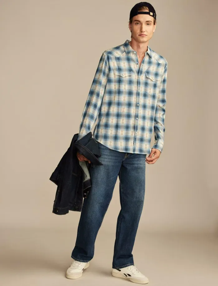 Lucky Brand ButtonDowns Men Plaid Dobby Western Long Sleeve Shirt Blue Multi