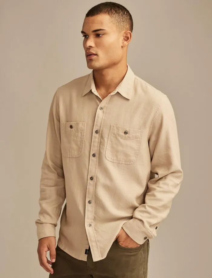 Lucky Brand ButtonDowns Men Solid Cotton Twill Grom Shirt Silver Mink