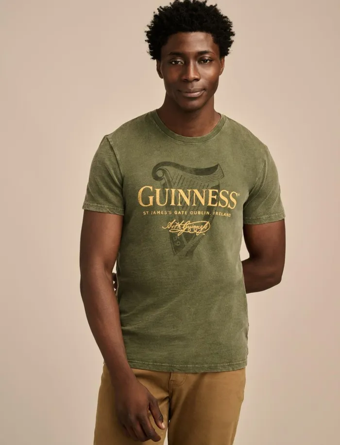 Lucky Brand Graphic Tees Men Guinness Harp Logo Rifle Green