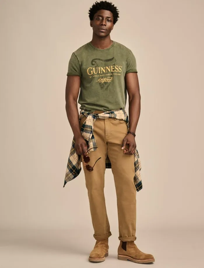 Lucky Brand Graphic Tees Men Guinness Harp Logo Rifle Green