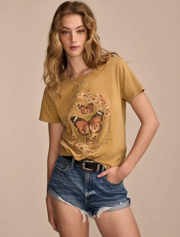 Lucky Brand Graphic Tees Women Butterfly Frame Classic Crew Mustard Gold