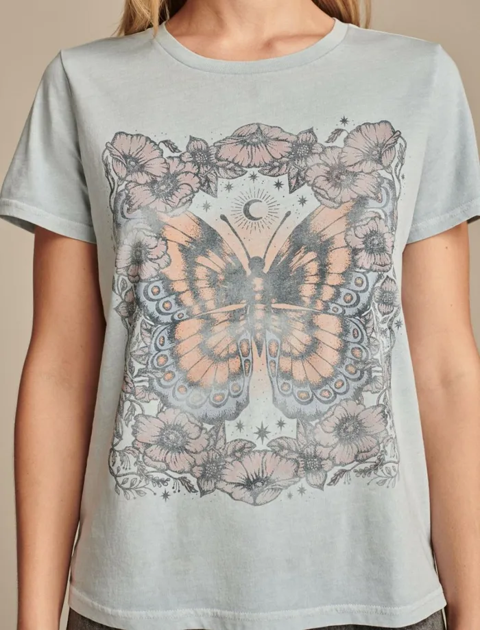 Lucky Brand Graphic Tees Women Floral Butterfly Classic Crew Blue Fog