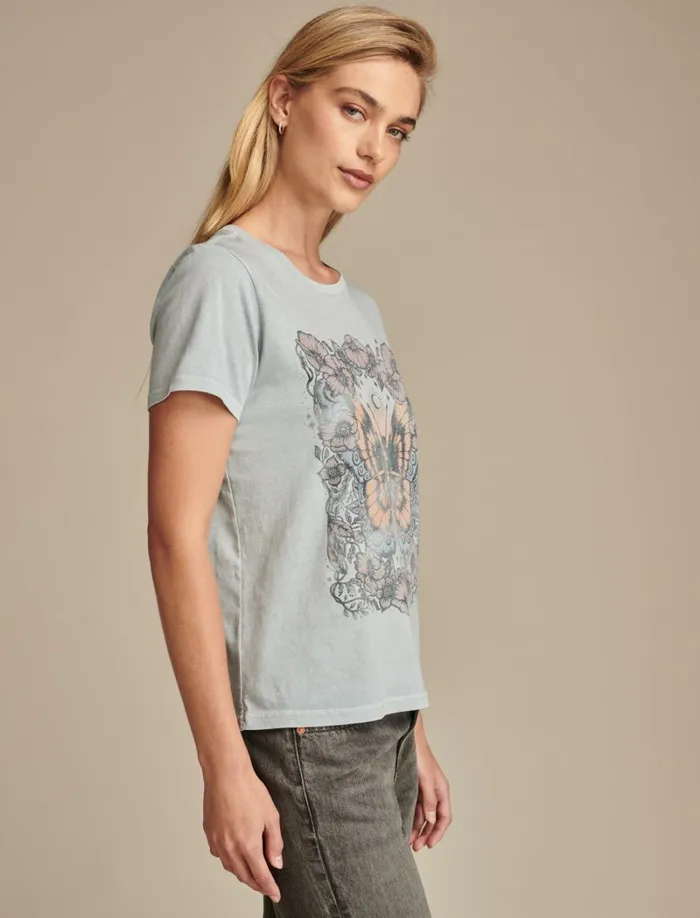 Lucky Brand Graphic Tees Women Floral Butterfly Classic Crew Blue Fog