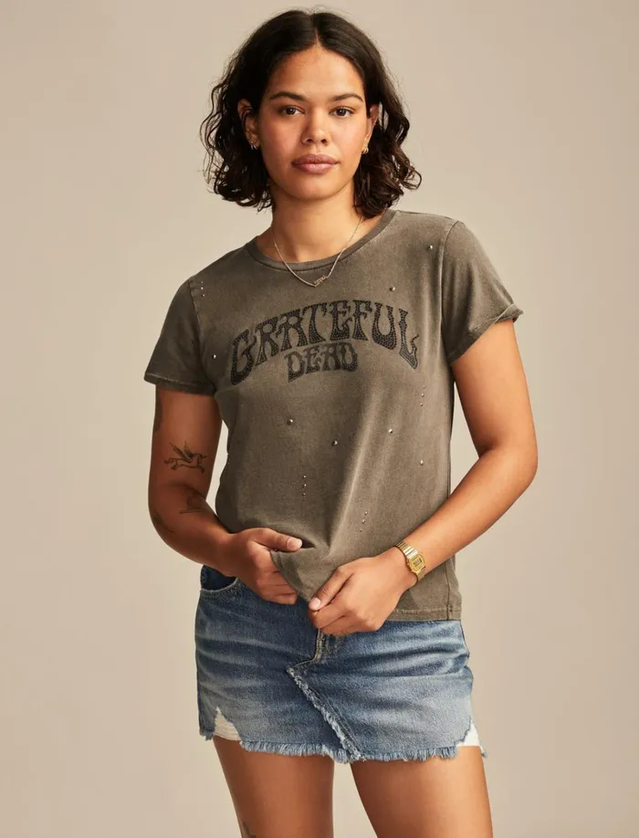 Lucky Brand Graphic Tees Women Grateful Dead Embellished Logo Classic Crew Beluga