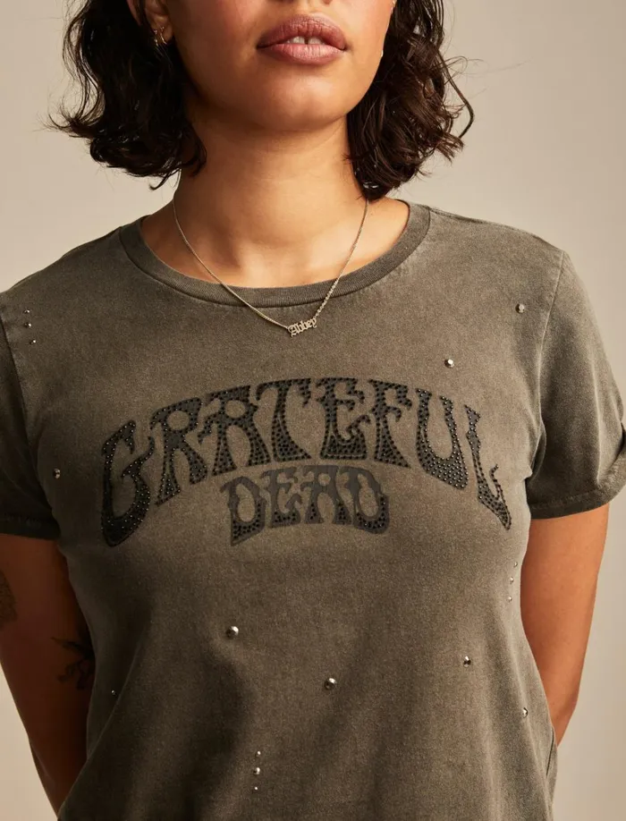 Lucky Brand Graphic Tees Women Grateful Dead Embellished Logo Classic Crew Beluga