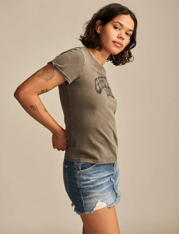 Lucky Brand Graphic Tees Women Grateful Dead Embellished Logo Classic Crew Beluga