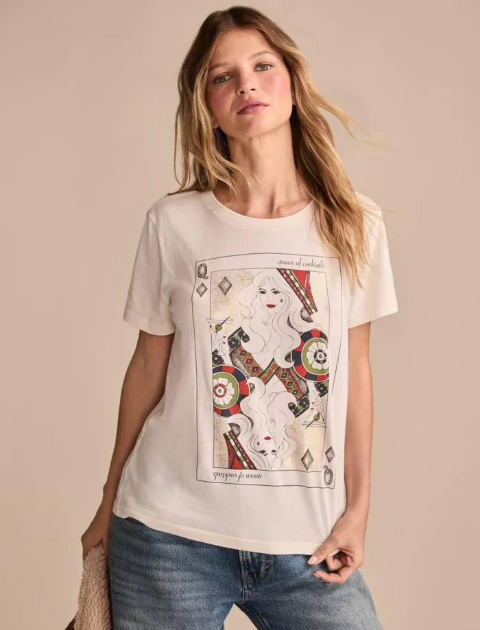Lucky Brand Graphic Tees Women Queen Of Cocktails Classic Crew Whisper White