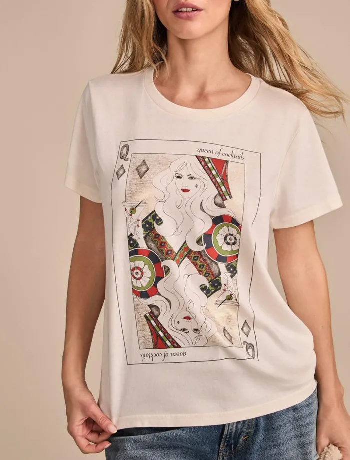 Lucky Brand Graphic Tees Women Queen Of Cocktails Classic Crew Whisper White