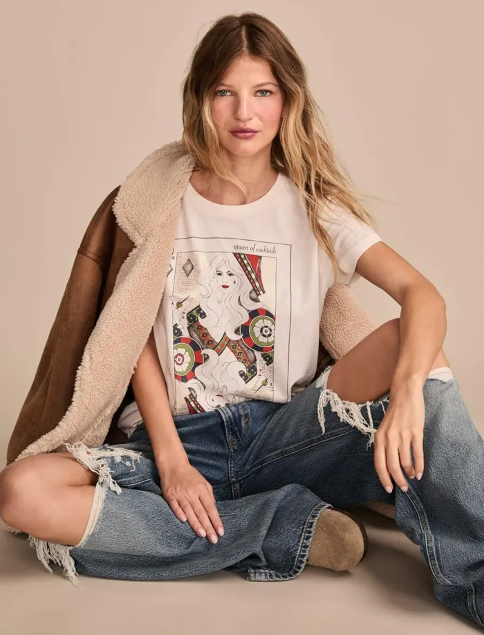 Lucky Brand Graphic Tees Women Queen Of Cocktails Classic Crew Whisper White