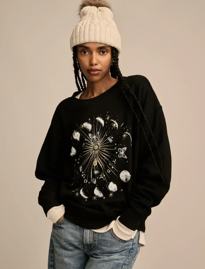 Lucky Brand Graphic Tees Women Sun And Moon Crew Neck Fleece Jet Black