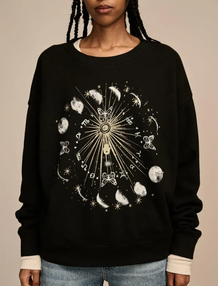 Lucky Brand Graphic Tees Women Sun And Moon Crew Neck Fleece Jet Black