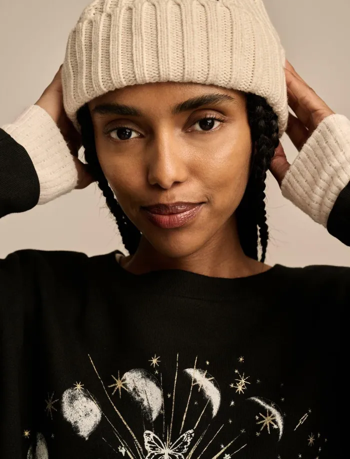Lucky Brand Graphic Tees Women Sun And Moon Crew Neck Fleece Jet Black