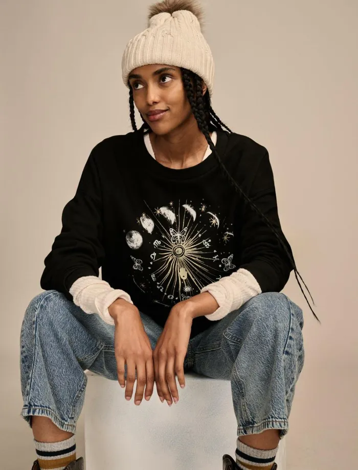 Lucky Brand Graphic Tees Women Sun And Moon Crew Neck Fleece Jet Black