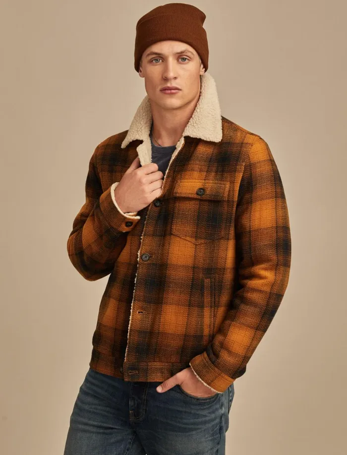Lucky Brand Jackets and Outerwear Men Plaid Faux Shearling Lined Trucker Jacket Yellow Plaid