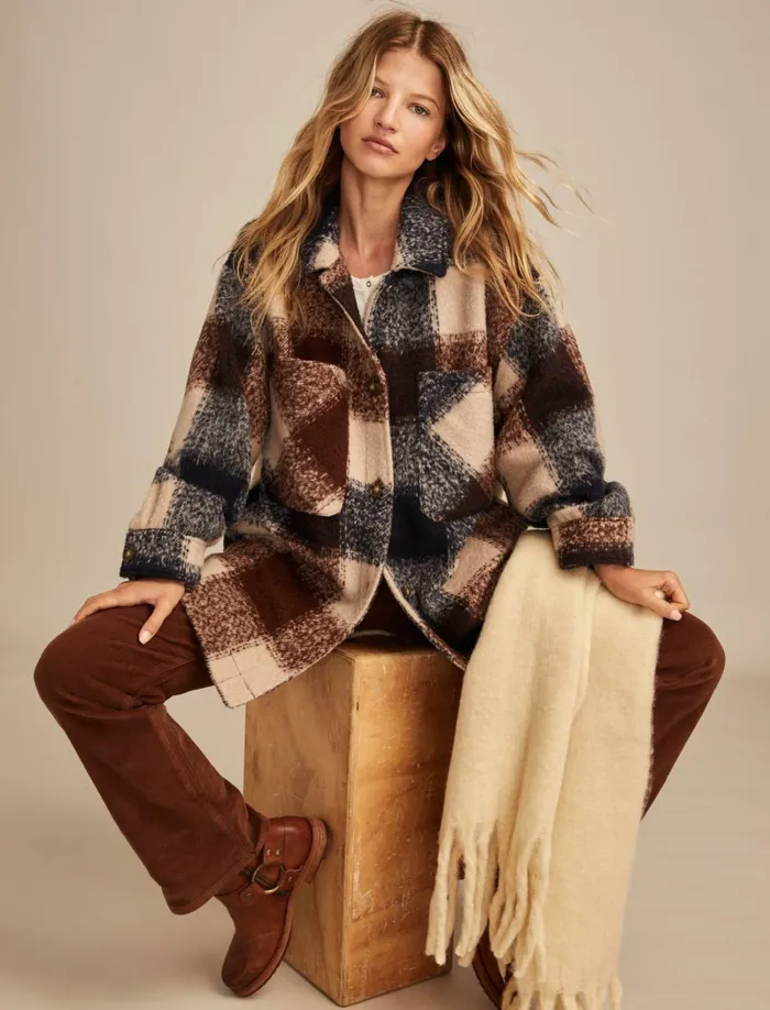 Lucky Brand Jackets and Outerwear Women Oversized Plaid Shirt Jacket Navy And Brown Plaid