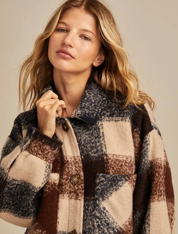 Lucky Brand Jackets and Outerwear Women Oversized Plaid Shirt Jacket Navy And Brown Plaid