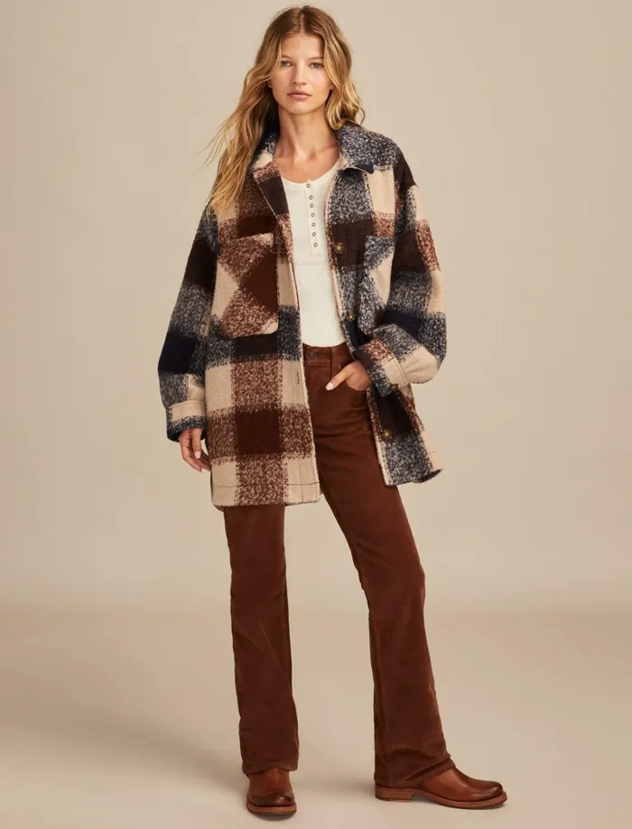 Lucky Brand Jackets and Outerwear Women Oversized Plaid Shirt Jacket Navy And Brown Plaid