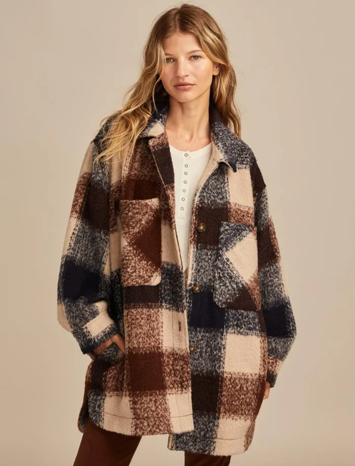 Lucky Brand Jackets and Outerwear Women Oversized Plaid Shirt Jacket Navy And Brown Plaid