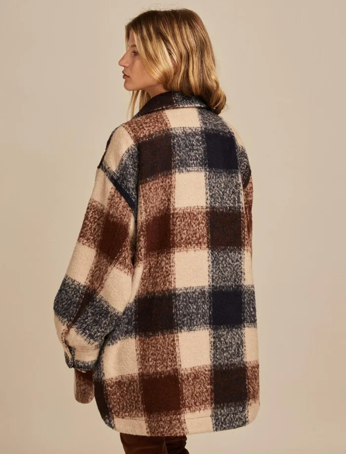 Lucky Brand Jackets and Outerwear Women Oversized Plaid Shirt Jacket Navy And Brown Plaid