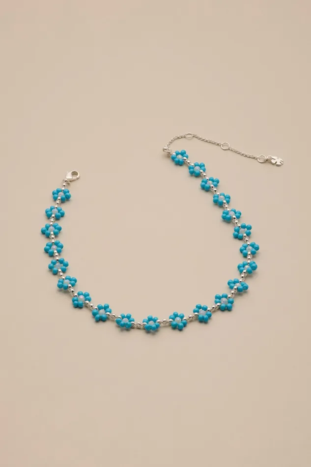 Lucky Brand Jewelry Women Turquoise Daisy Beaded Choker Necklace Silver