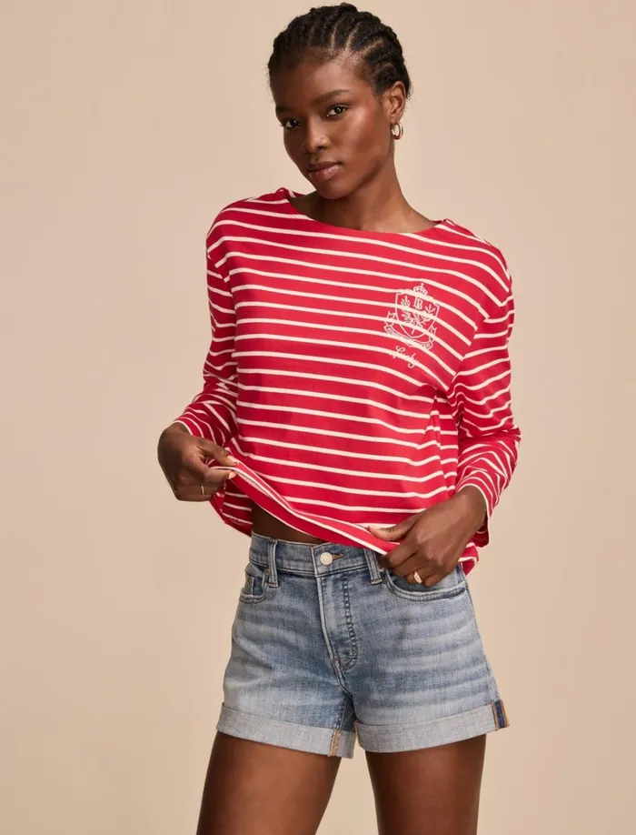 Lucky Brand Knit Tops Women Breton Long Sleeve Tee Red Stripe