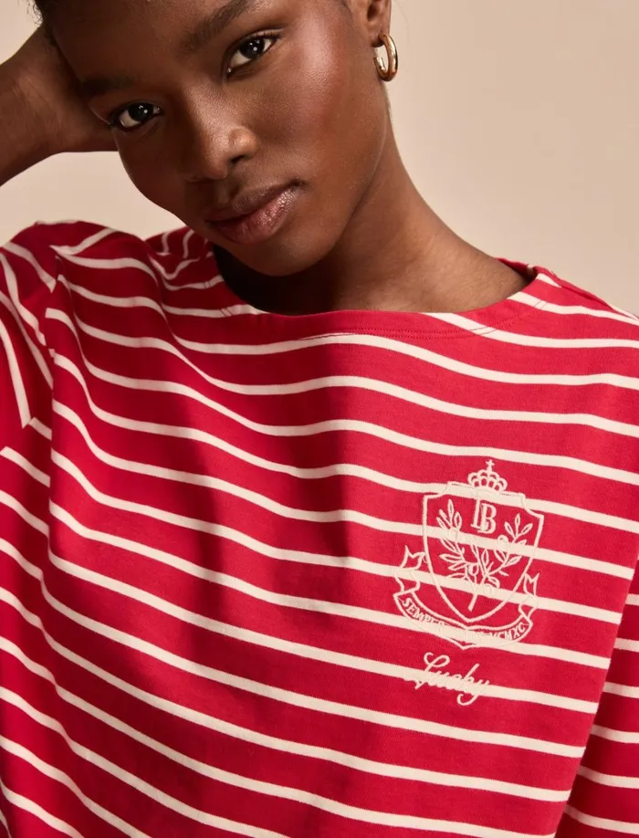 Lucky Brand Knit Tops Women Breton Long Sleeve Tee Red Stripe