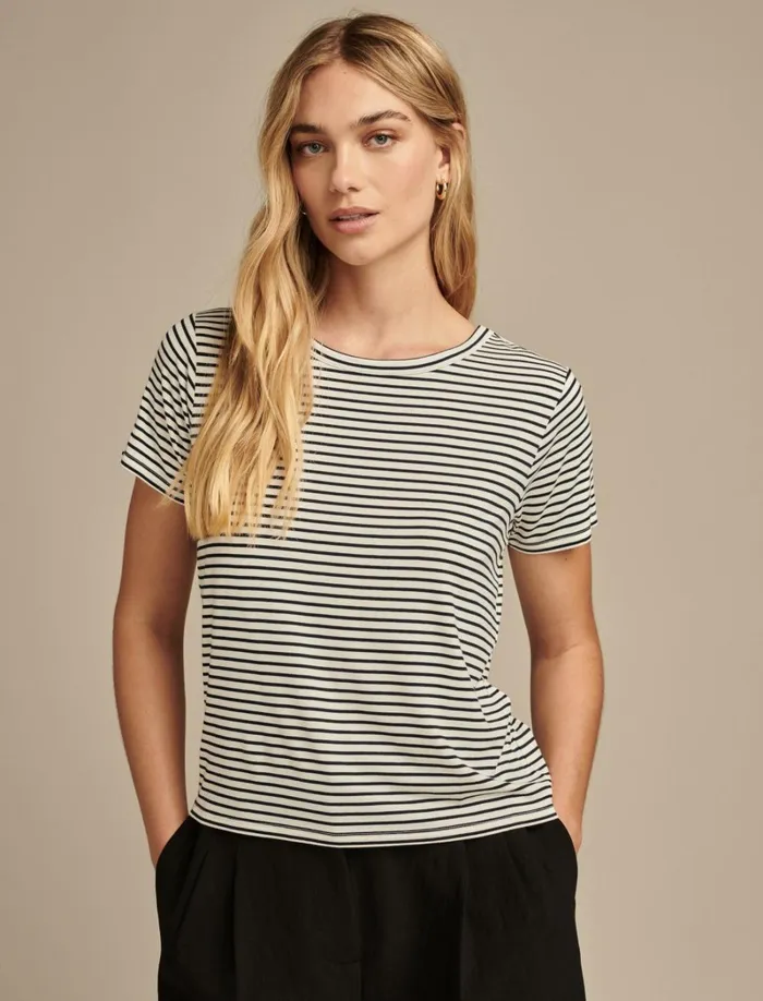 Lucky Brand Knit Tops Women Relaxed Crew Neck Tee Cream Navy Stripe