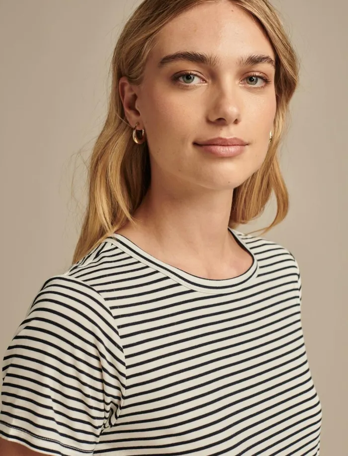 Lucky Brand Knit Tops Women Relaxed Crew Neck Tee Cream Navy Stripe