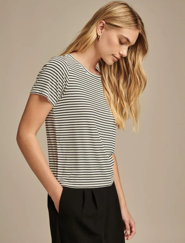 Lucky Brand Knit Tops Women Relaxed Crew Neck Tee Cream Navy Stripe