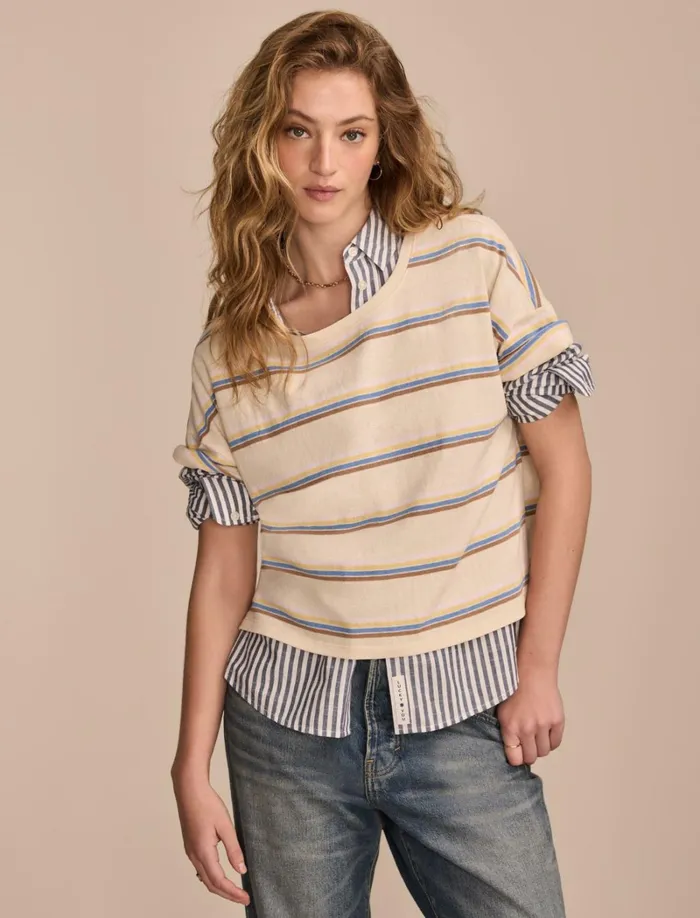 Lucky Brand Knit Tops Women Short Sleeve Stripe Tee Neutral Stripe