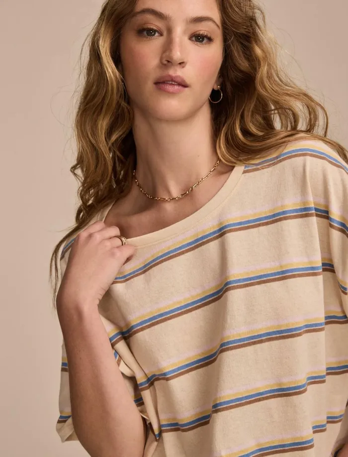 Lucky Brand Knit Tops Women Short Sleeve Stripe Tee Neutral Stripe