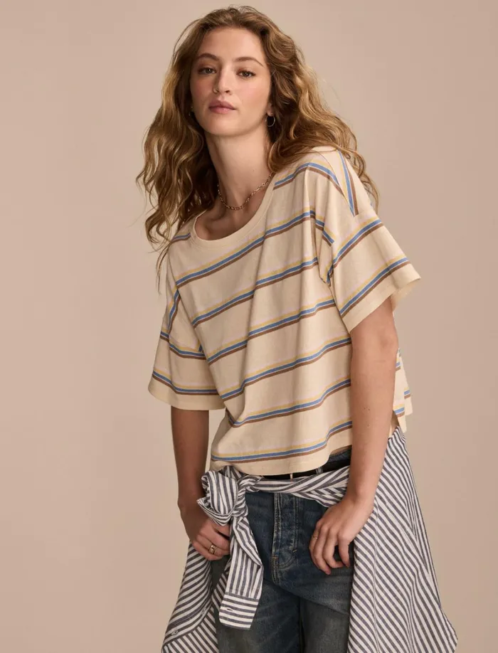 Lucky Brand Knit Tops Women Short Sleeve Stripe Tee Neutral Stripe