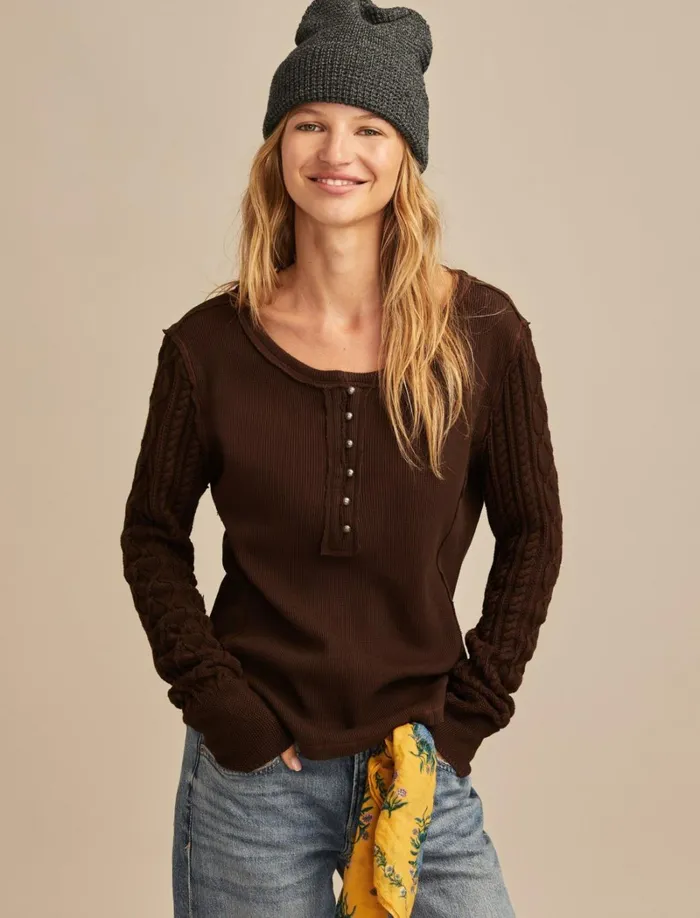Lucky Brand Knit Tops Women Textured Mixed Sleeve Henley Coffee Bean