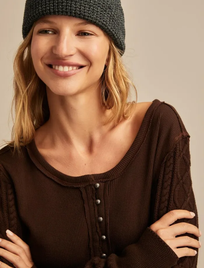 Lucky Brand Knit Tops Women Textured Mixed Sleeve Henley Coffee Bean