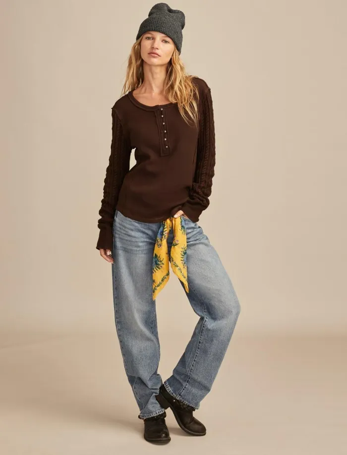 Lucky Brand Knit Tops Women Textured Mixed Sleeve Henley Coffee Bean