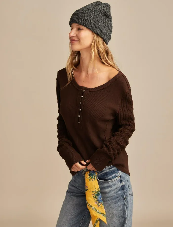 Lucky Brand Knit Tops Women Textured Mixed Sleeve Henley Coffee Bean
