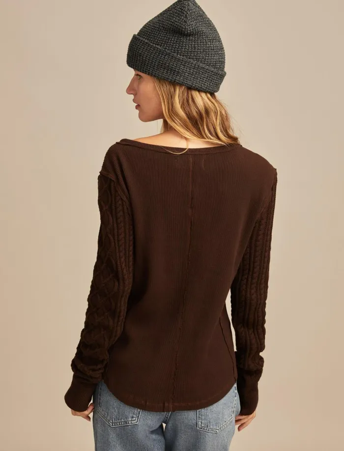 Lucky Brand Knit Tops Women Textured Mixed Sleeve Henley Coffee Bean