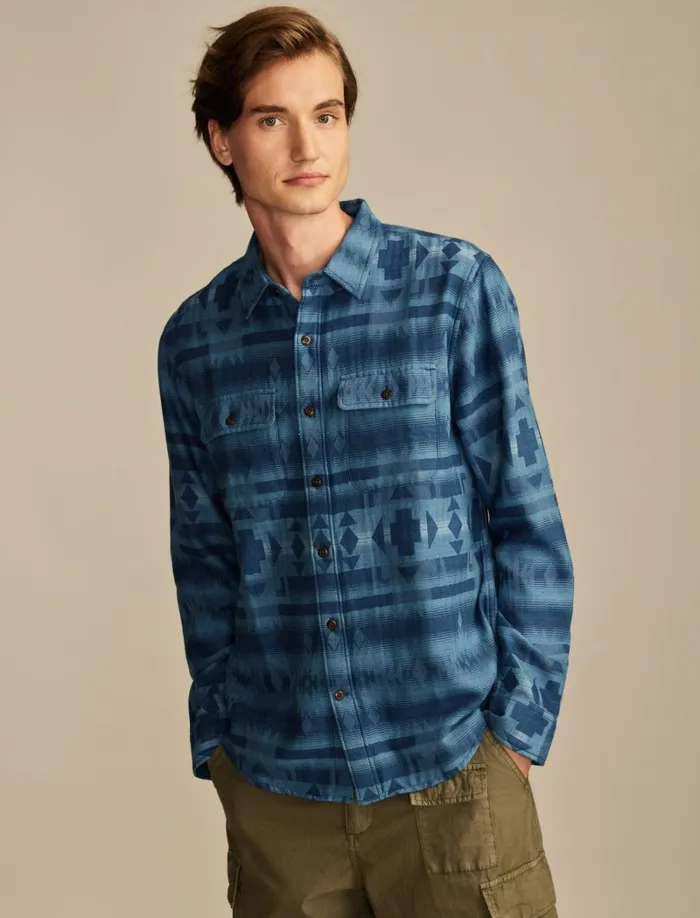 Lucky Brand Shirts and Tops Men Jacquard Double Weave Humboldt Long Sleeve Shirt Blue Jacquard
