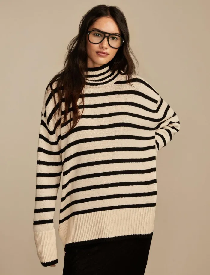 Lucky Brand Sweaters and Sweatshirts Women Mock Neck Tunic Whitecap Grey Stripe