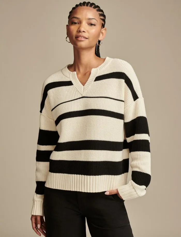 Lucky Brand Sweaters and Sweatshirts Women Notch Neck Pullover Tofublack Stripe