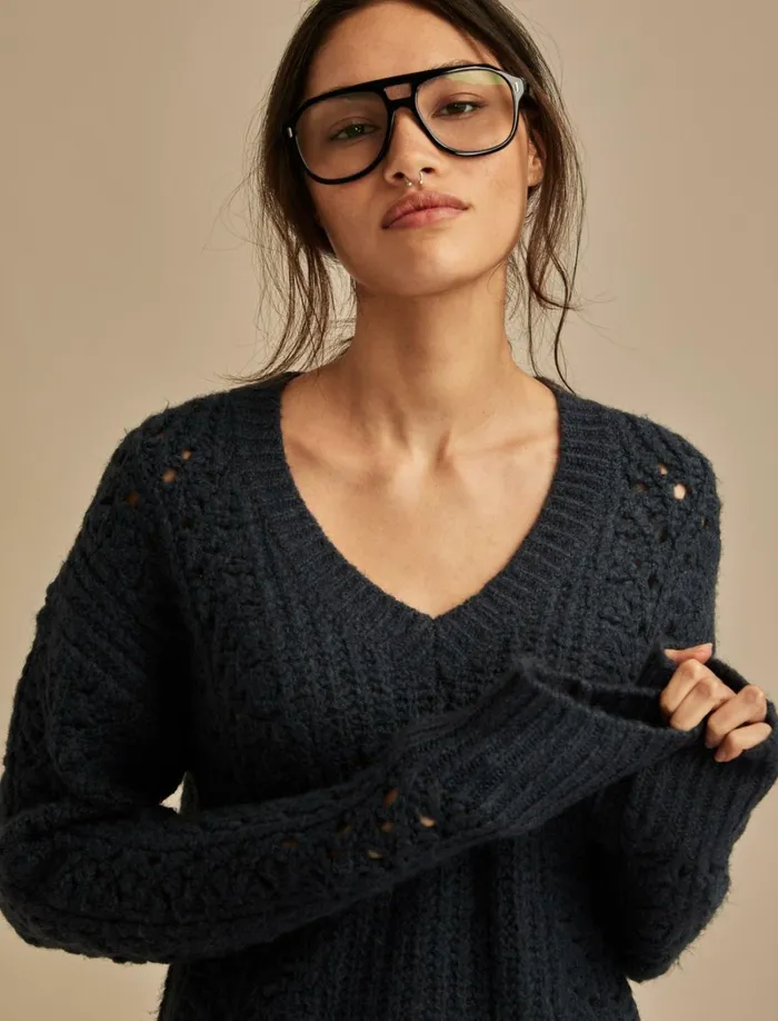Lucky Brand Sweaters and Sweatshirts Women V Neck Pointelle Cable Pullover Sweater Ocean Deep
