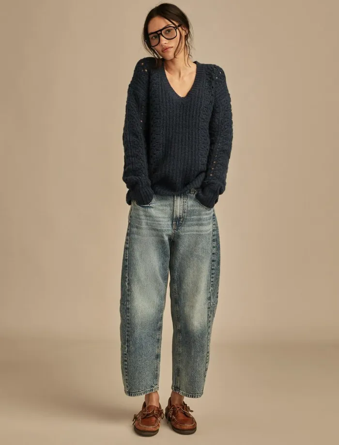 Lucky Brand Sweaters and Sweatshirts Women V Neck Pointelle Cable Pullover Sweater Ocean Deep