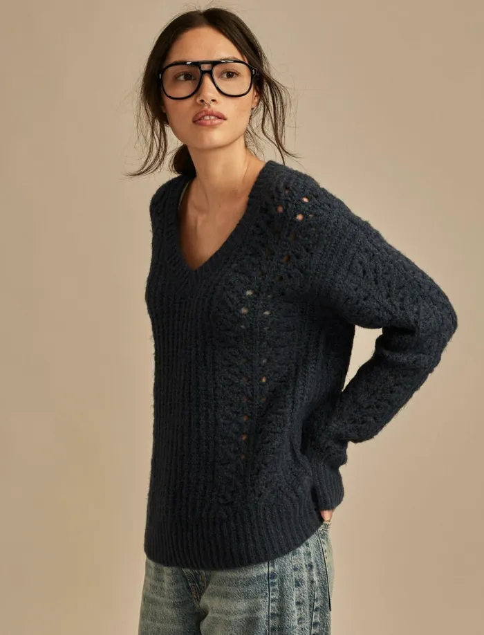 Lucky Brand Sweaters and Sweatshirts Women V Neck Pointelle Cable Pullover Sweater Ocean Deep