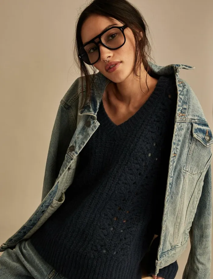Lucky Brand Sweaters and Sweatshirts Women V Neck Pointelle Cable Pullover Sweater Ocean Deep