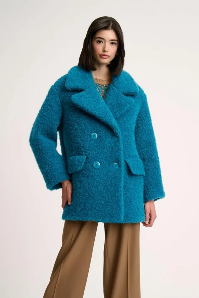 Luisa Spagnoli Outerwear Sociale 8211 Teddy Pea Coat Turquoise 8211 Women