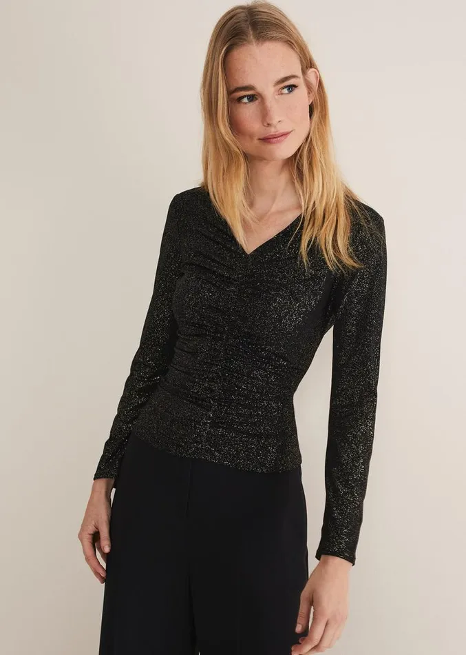 Marta Ruched Front VNeck Top Blackgold Women Phase Eight Tops and TShirts