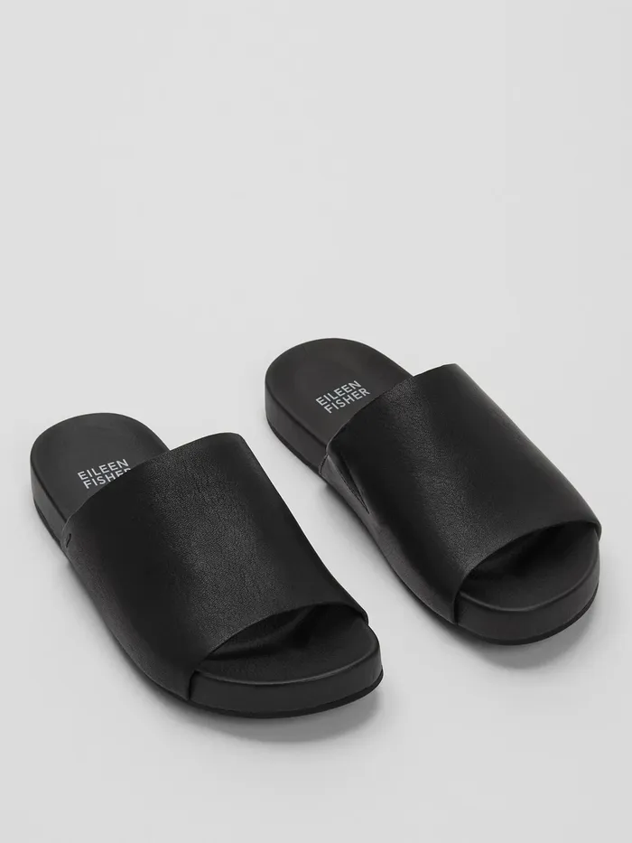Mask Tumbled Leather Slide Sandal Black Women Eileen Fisher Shoes